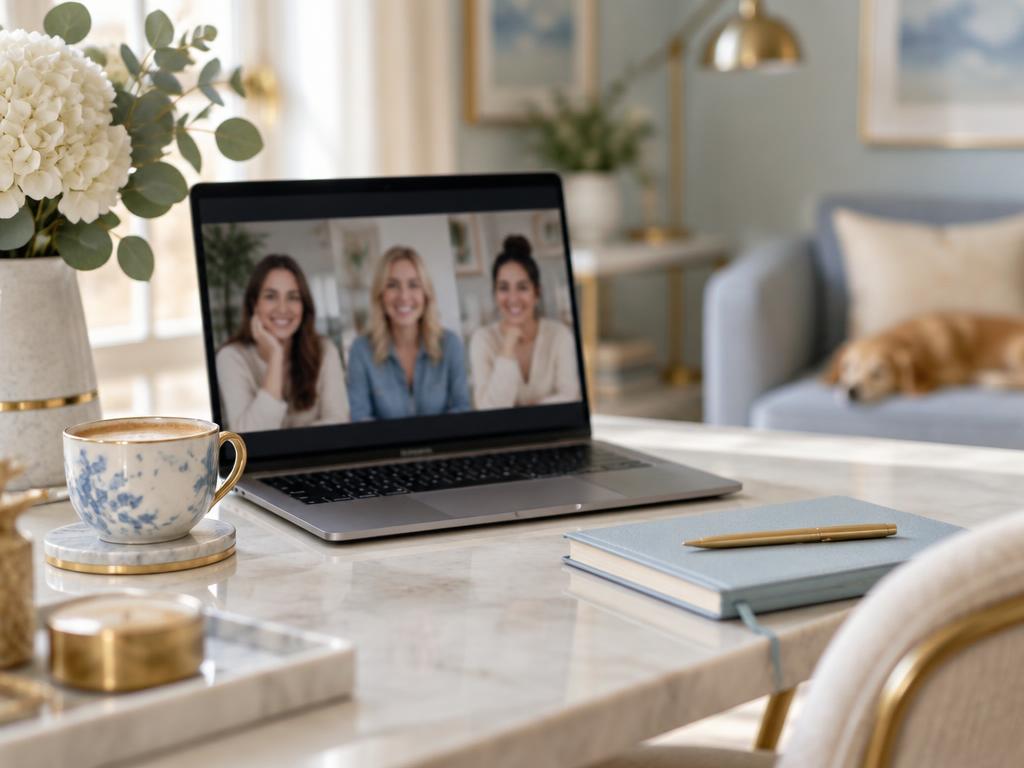 Notebook s online setkáním tří žen, káva, květina a modrý sešit se zlatým perem na stole
